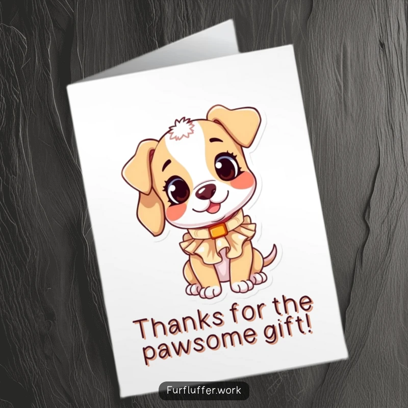 Funny Free Printable Thank You Card: A playful puppy with a curious tilt shows gratitude while wearing a new ruffled collar.