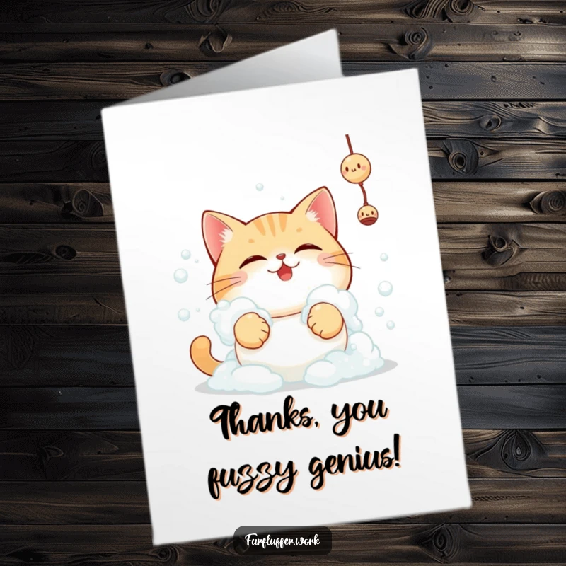 Funny Free Printable Thank You Card: Round cat covered in foam, determined to reach toy, expressing thanks.