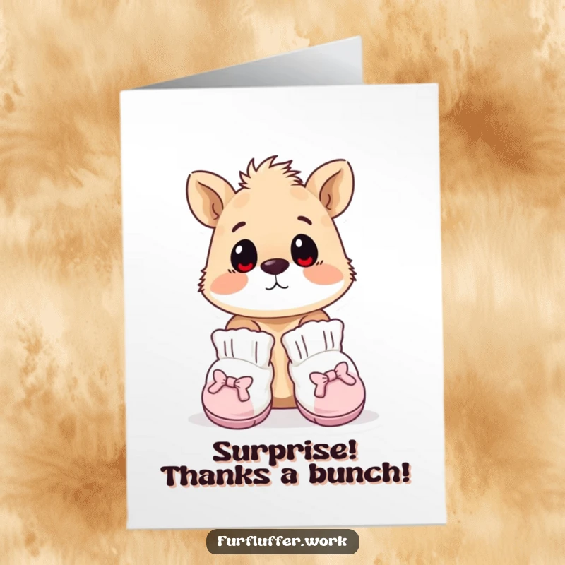 Funny Free Printable Thank You Card: An animal looking surprised in tiny, oversized grooming booties, conveying thanks.