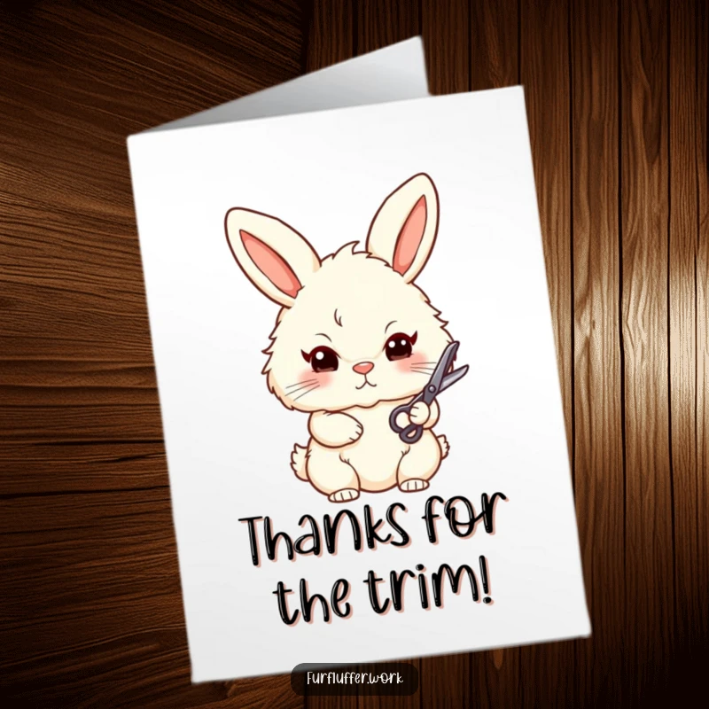 Funny Free Printable Thank You Card featuring a stylized bunny holding grooming scissors, ready to snip a note of gratitude with humor.