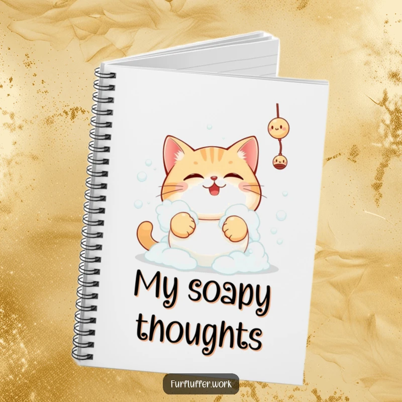 Funny round cat determinedly reaching for a toy, covered in bubbles, on the cover of a humorous notebook.