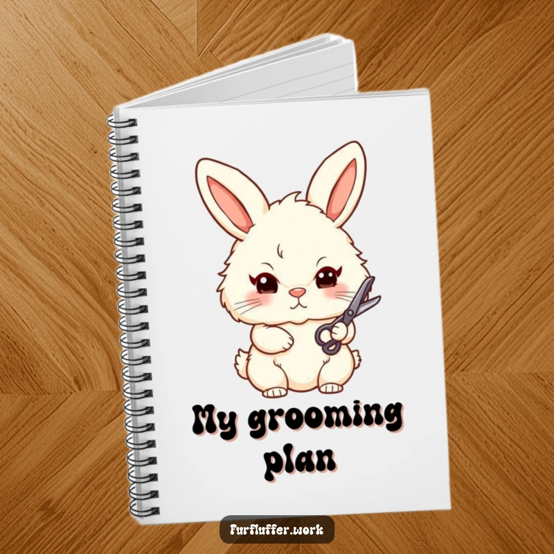 Funny notebook cover with a stylized, fluffy bunny and small grooming scissors, conveying a sense of determination and organized style on its pages.