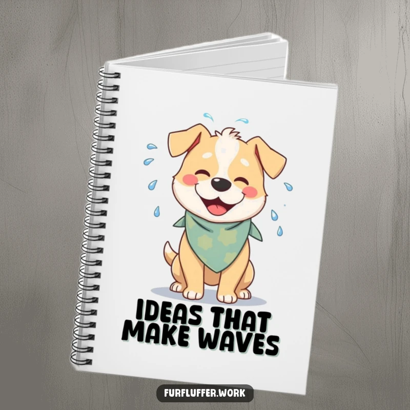Funny notebook featuring a cheerful dog with a bandana, playfully shaking water off its fur, perfect for jotting down happy thoughts.