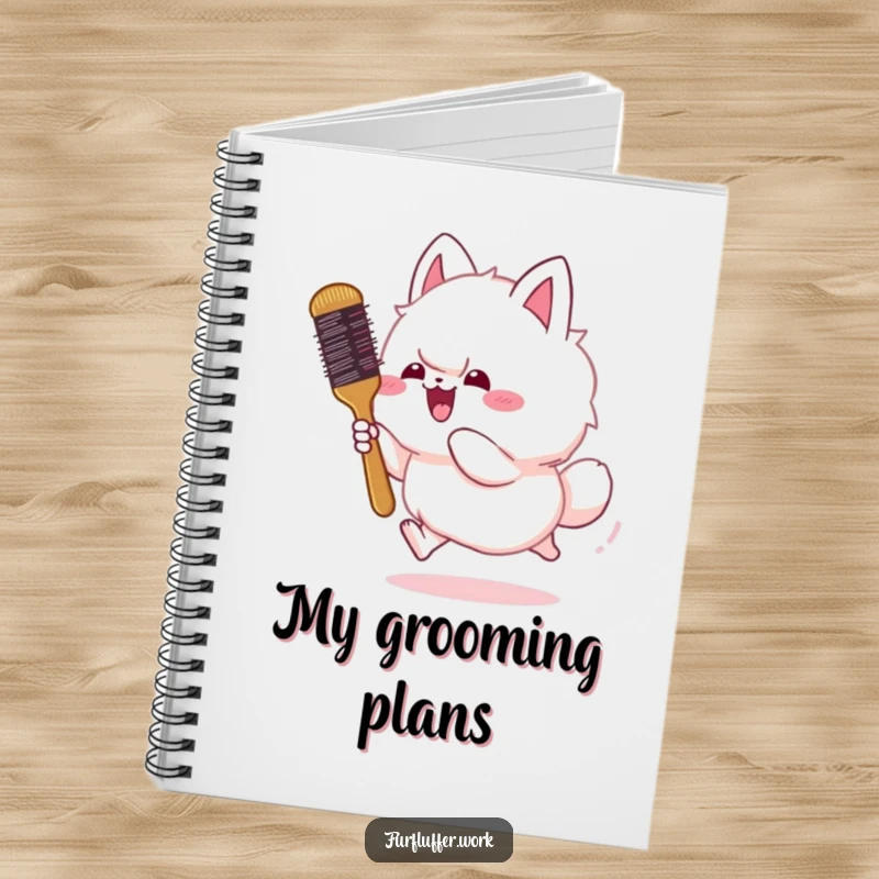 Funny notebook featuring a fluffy animal gleefully chasing a bouncing grooming brush, inspiring notes with pet-related humor.