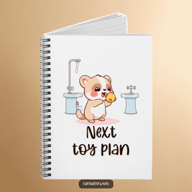 Funny notebook showing a playful animal tossing a squeaky toy towards a grooming station, inspiring notes with pet playtime humor.