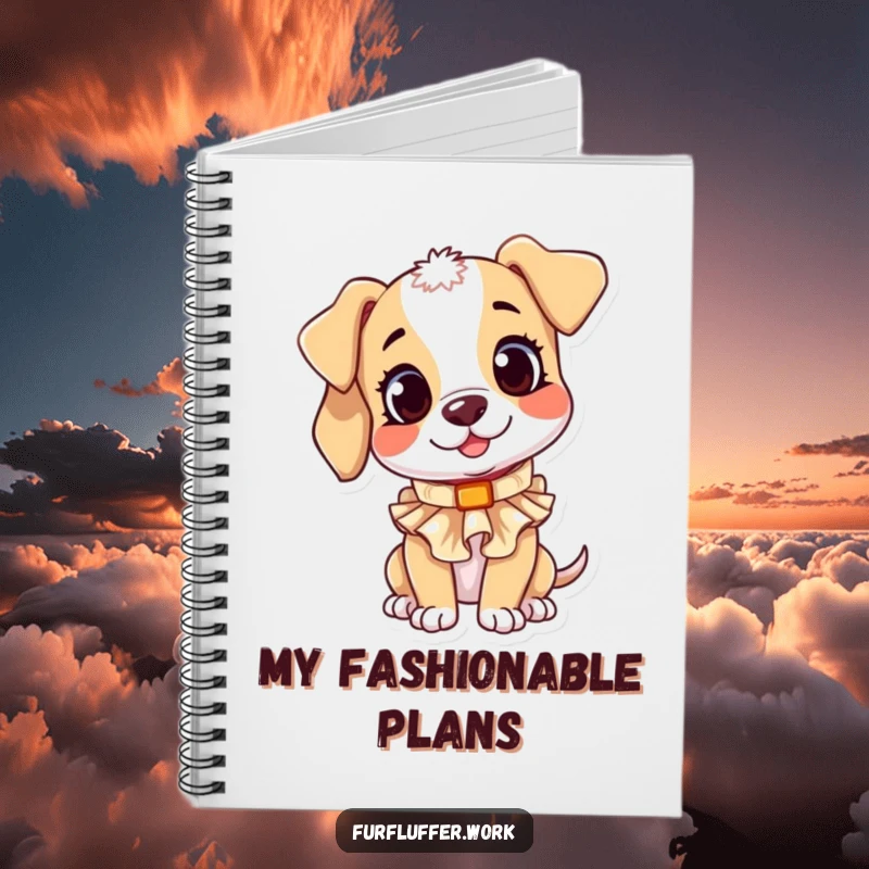 Funny notebook cover with a playful puppy character tilting its head curiously while trying on a small, ruffled collar.