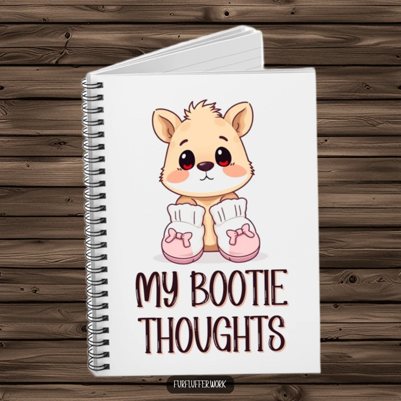 Funny notebook showing an animal wearing tiny, oversized grooming booties, looking surprised, inspiring notes with humorous fashion.