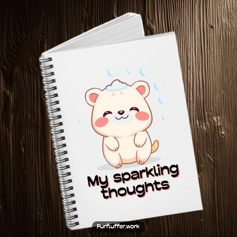 Funny notebook with a contented animal character sparkling with soap bubbles, inspiring calm thoughts with a humorous spa theme.