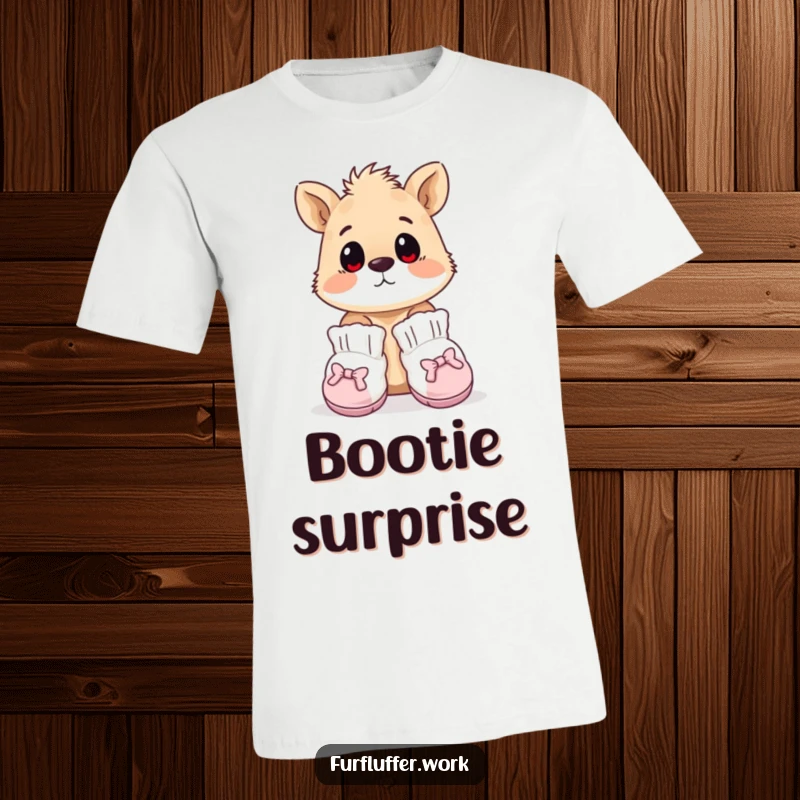Funny t-shirt of an animal wearing tiny, oversized grooming booties, looking surprised and adorably confused by fashion.