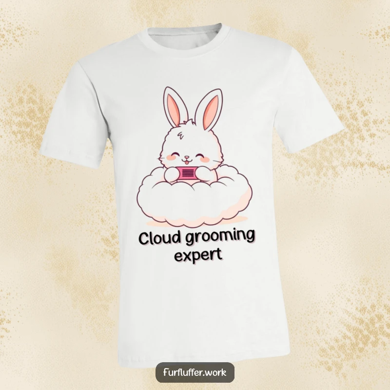 Funny t-shirt of a fluffy bunny happily grooming a cloud with a tiny comb, creating a dreamy and whimsical scene.