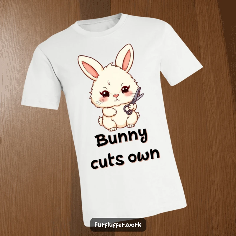 Funny t-shirt featuring a stylized, fluffy bunny with a determined gaze, firmly holding a pair of small grooming scissors, ready for a trim.