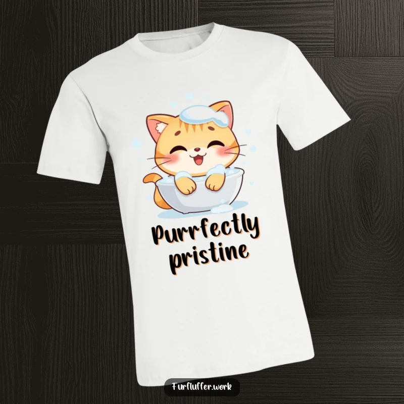 Funny T-shirt depicting a content cat character deeply enjoying a luxurious, bubbly bath with a serene and happy expression.