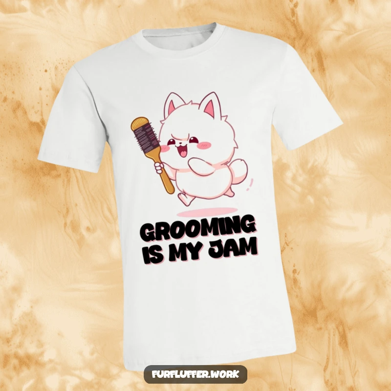 Funny t-shirt depicting a fluffy animal gleefully chasing a bouncing grooming brush, showcasing pure, unadulterated pet-related humor.