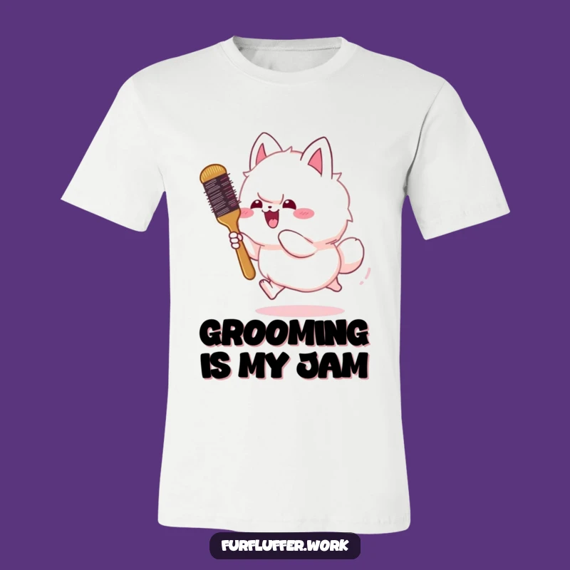 Funny Fluffy Animal Chasing Brush T-Shirt - Hilarious Pet Grooming Tee