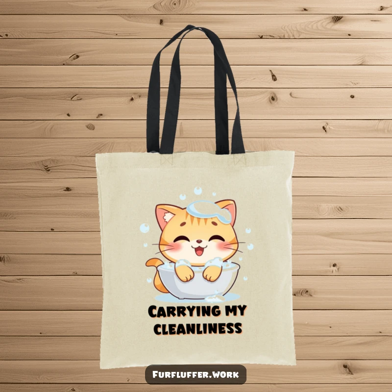 Funny tote bag with a happy cat character relaxing in a bubbly bath, looking content and impeccably clean.