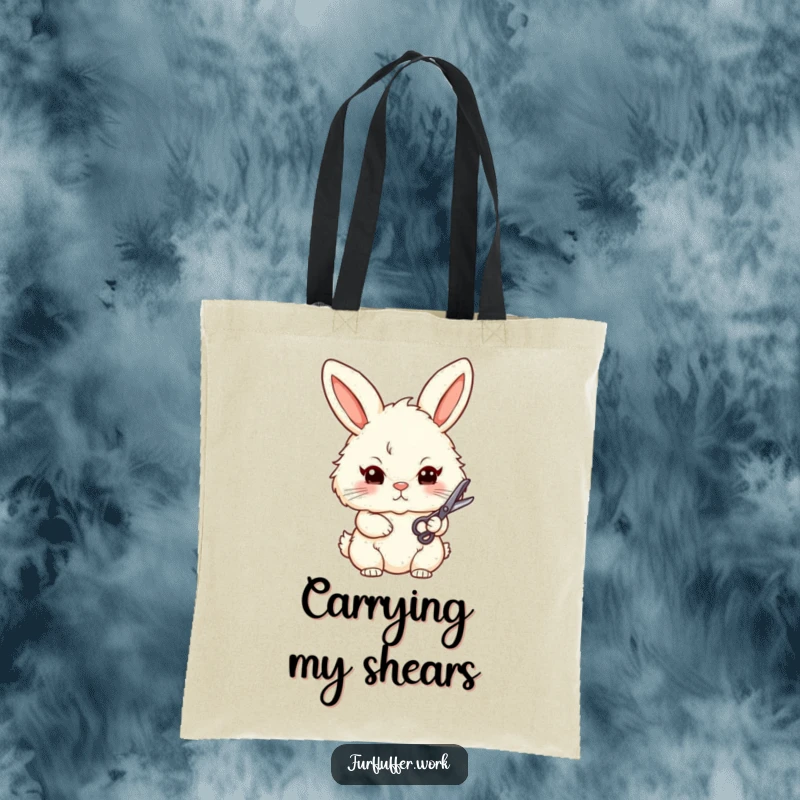 Funny tote bag showcasing a stylized, fluffy bunny with a determined look, holding small grooming scissors, ideal for carrying your everyday essentials.