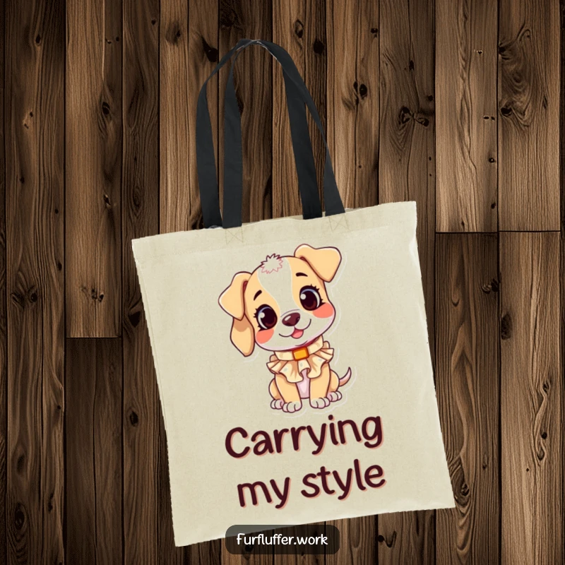 Funny tote bag with a playful puppy character tilting its head curiously while trying on a small, ruffled dog collar.