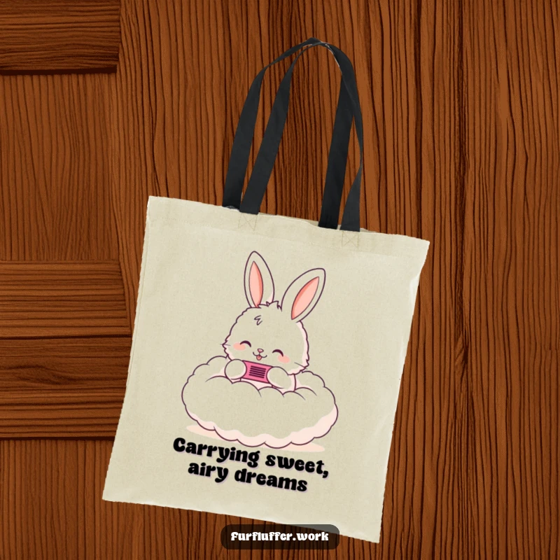 Funny tote bag depicting a fluffy bunny happily grooming a cloud with a tiny comb, perfect for carrying daily items with charm.