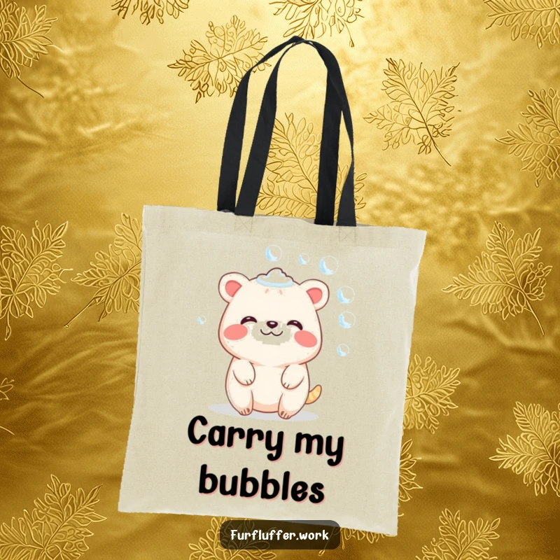 Funny tote bag showing a contented animal character sparkling with soap bubbles, perfect for carrying essentials with a humorous spa theme.