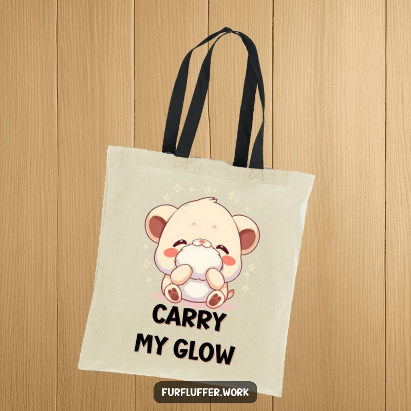 Funny tote bag depicting an animal receiving a gentle fluffing, with sparkles radiating, perfect for carrying items with a touch of pampering humor.